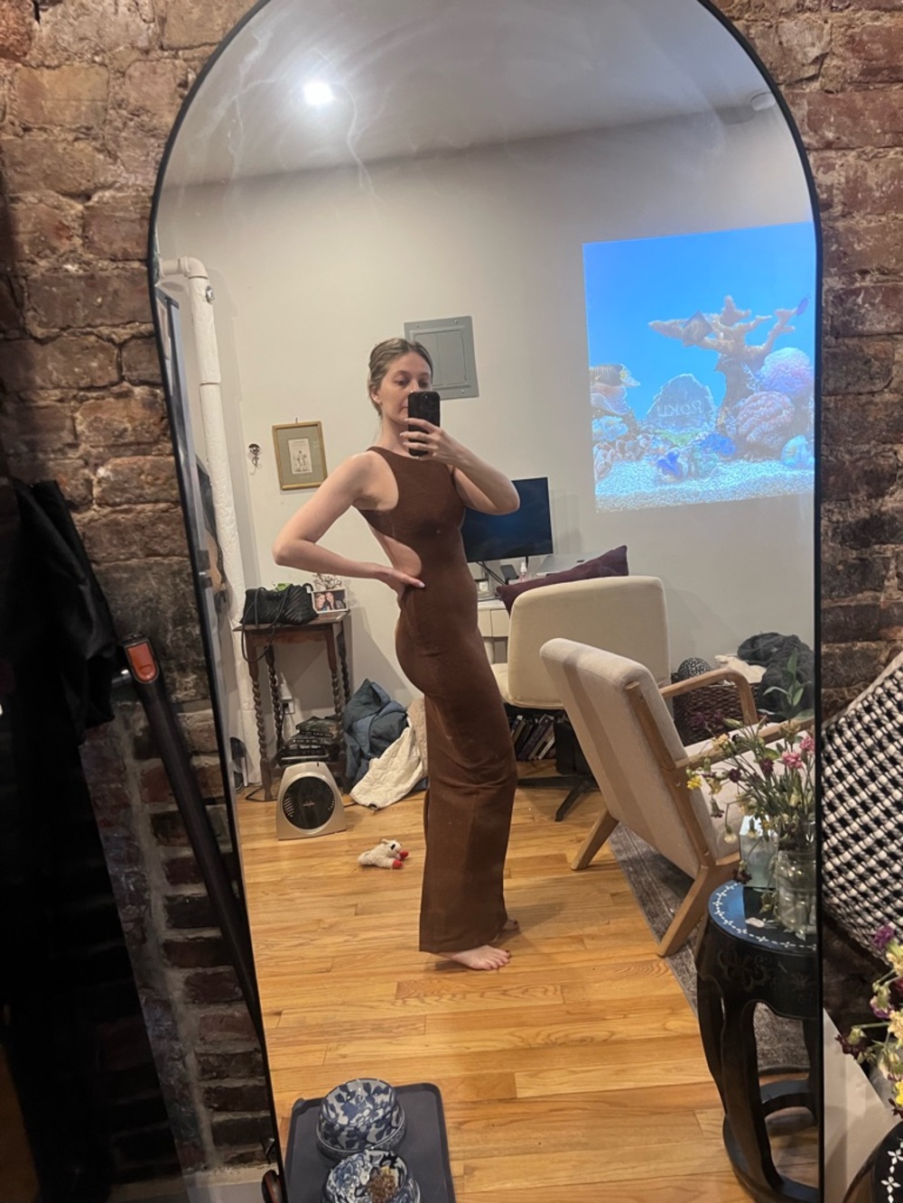Rumer Halter backless brown maxi dress